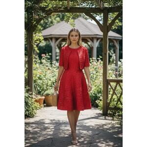 Vintage Armani Collezioni Size 4 Red Sleeveless Brocade Fit & Flare Dress Set